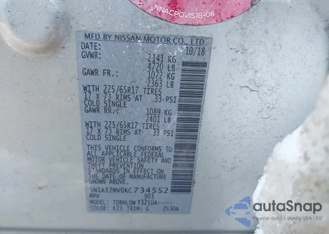 2019 Nissan Rogue Sv z USA, uszkodzony, nr VIN 5N1AT2MV0KC734552